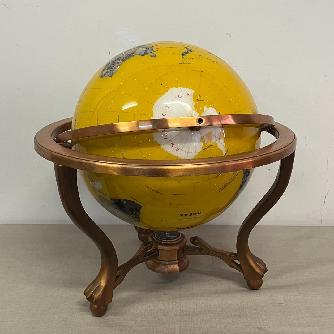 54 イエロー 黄色 方位磁石付き 天然石 アンティーク 地球儀 インテリア
