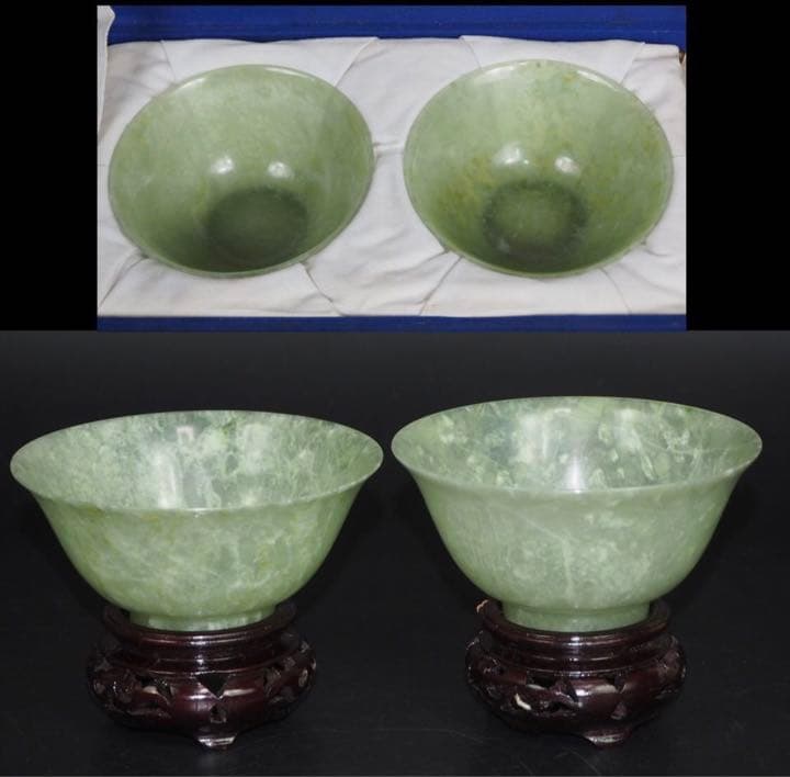 送料無料　時代物　極上品玉碗一対　径9.9ｃｍ　中国古玩骨董