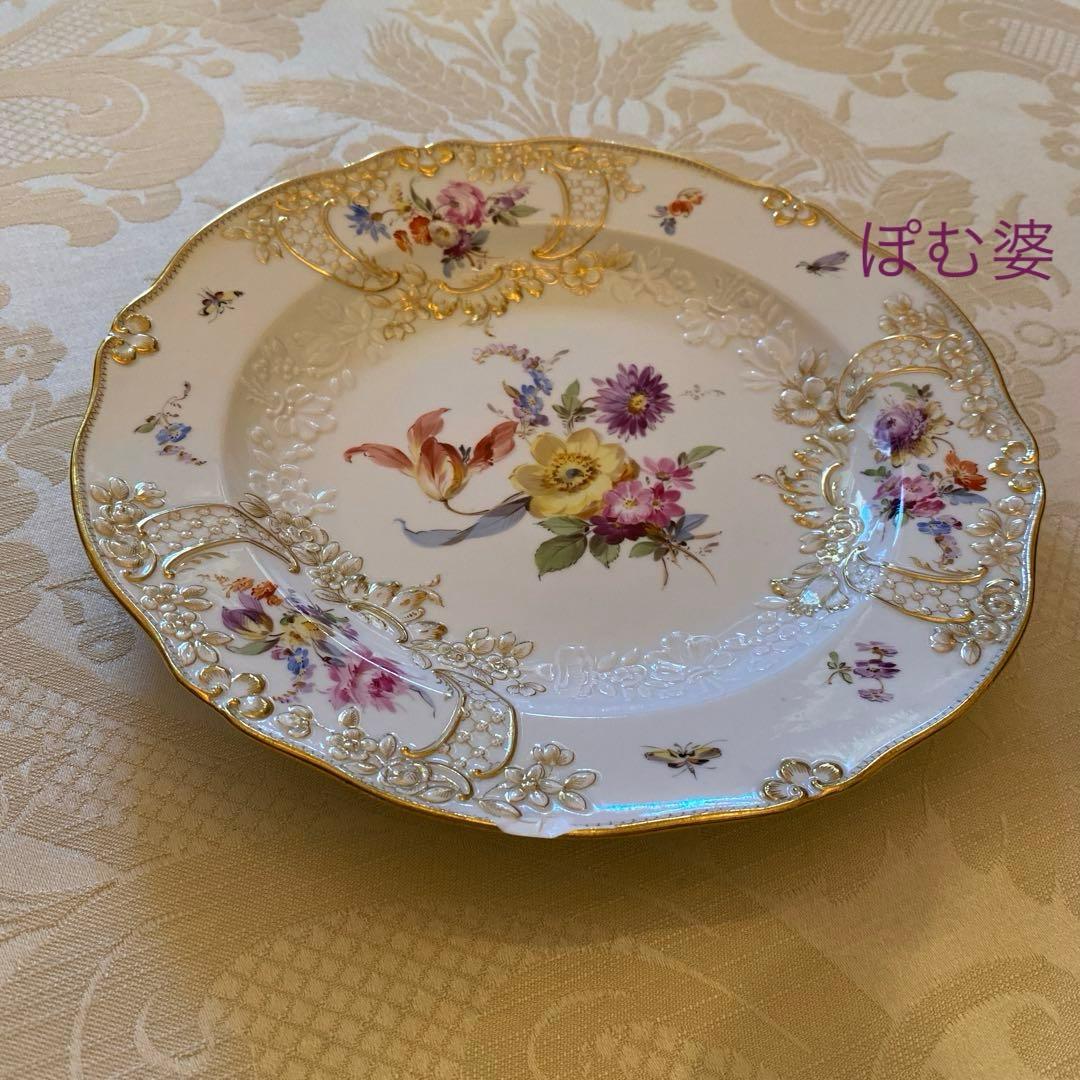 【古マイセン】金彩 花絵皿「ノイマルセイユ／ブーケと昆虫」No.12 ※難有り