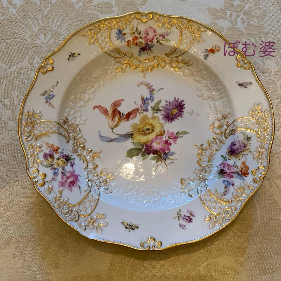 【古マイセン】金彩 花絵皿「ノイマルセイユ／ブーケと昆虫」No.12 ※難有り