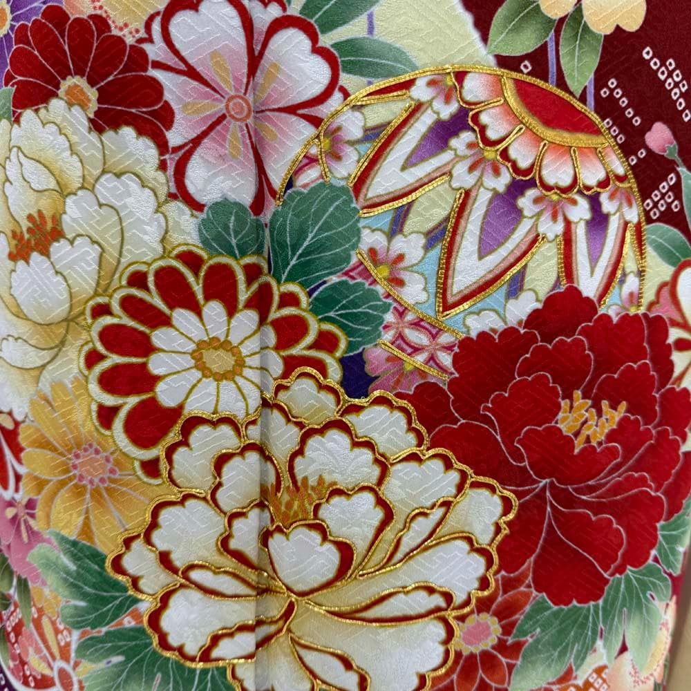 振袖 正絹 赤 黄色 古典花柄　裄68.8㎝ 　成人式 中古 c-80