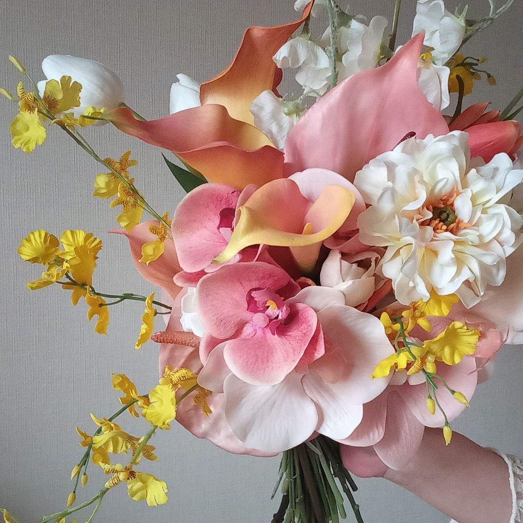 カラフルブーケ　ピンク　イエロー　胡蝶蘭　アンスリウム　ウェディングブーケ　造花