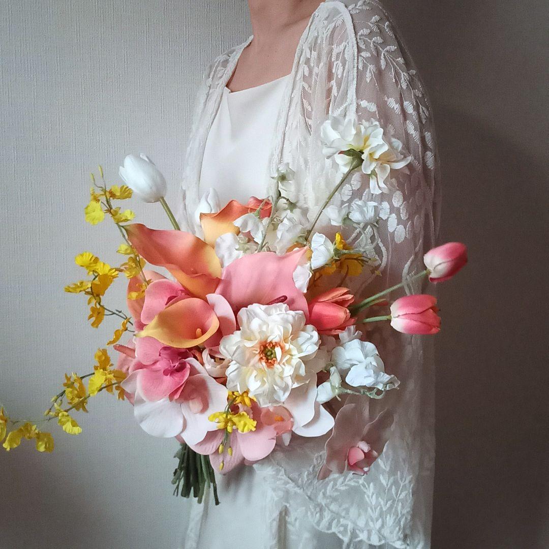 カラフルブーケ　ピンク　イエロー　胡蝶蘭　アンスリウム　ウェディングブーケ　造花