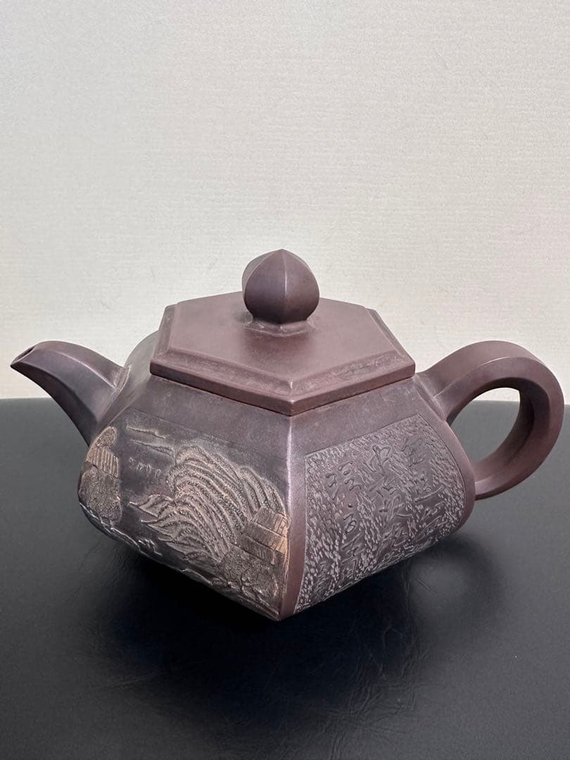 中国，紫砂壺，清時代，邵友庭作，晚清紫砂八大家”之一，六角形，急須 ，浮彫，细工