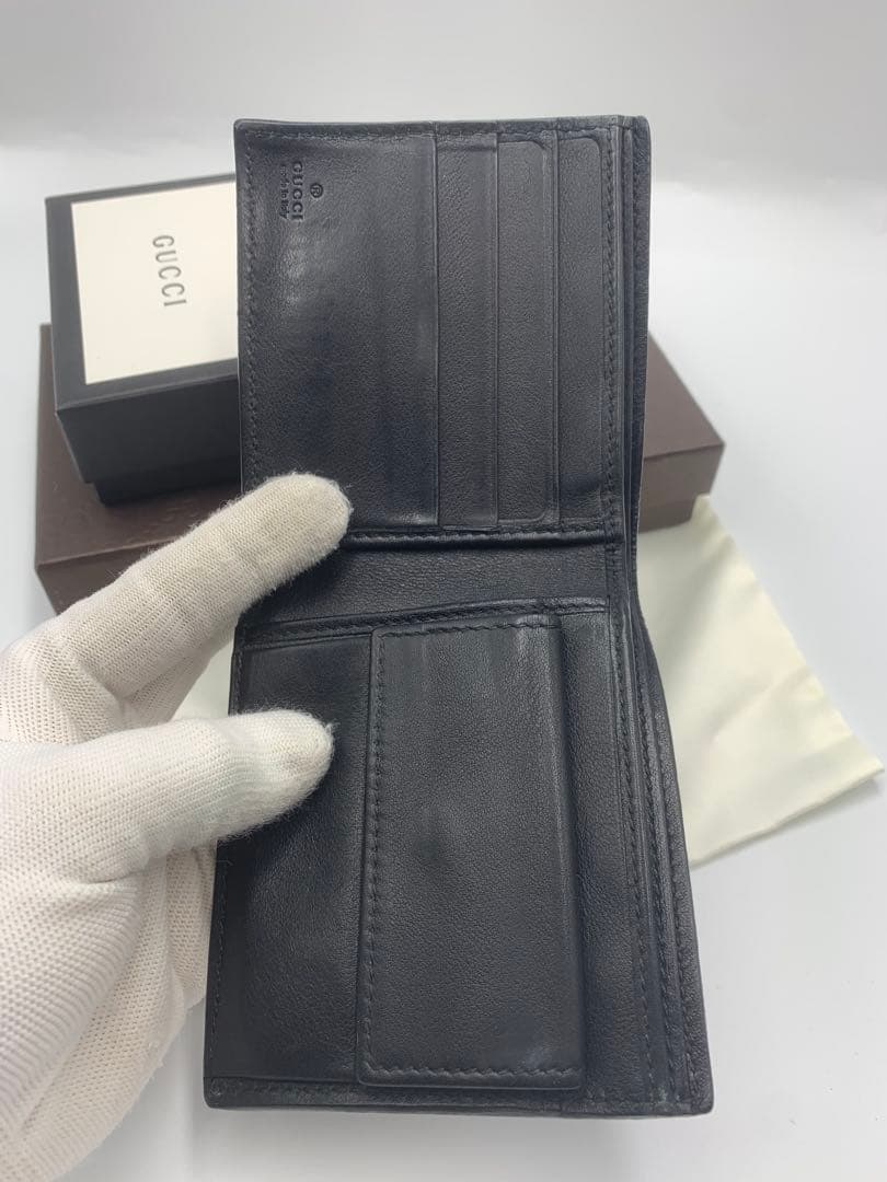 人気　グッチ　折り財布　GGシマ　レザー　ブラック　フラップ　GG柄 P55