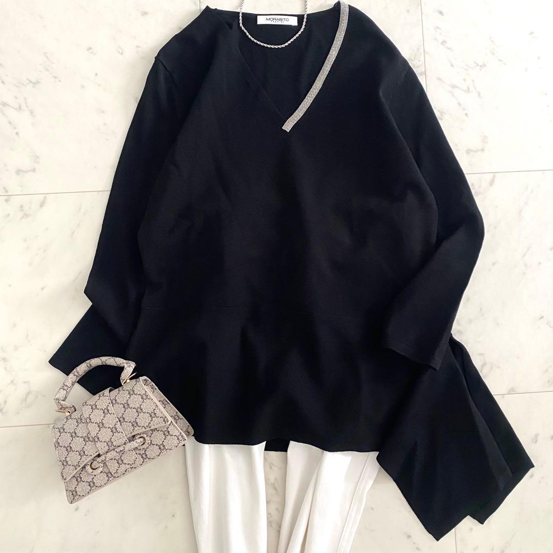 極美品 モラビトプルミエ ボールチェーンデザイン アシンメトリーレーヨンニット