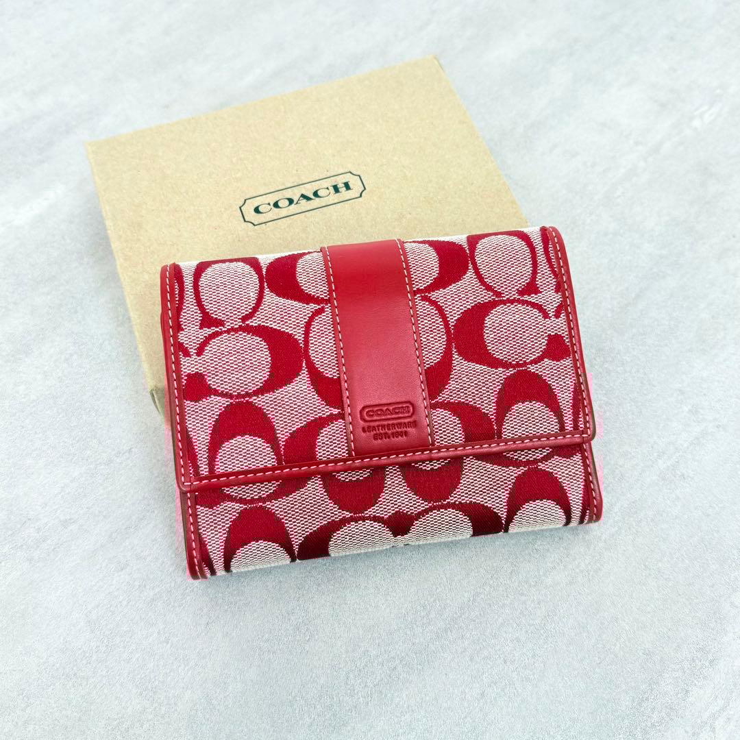 COACH 三つ折り財布 赤 シグネチャー キャンバス 箱付き