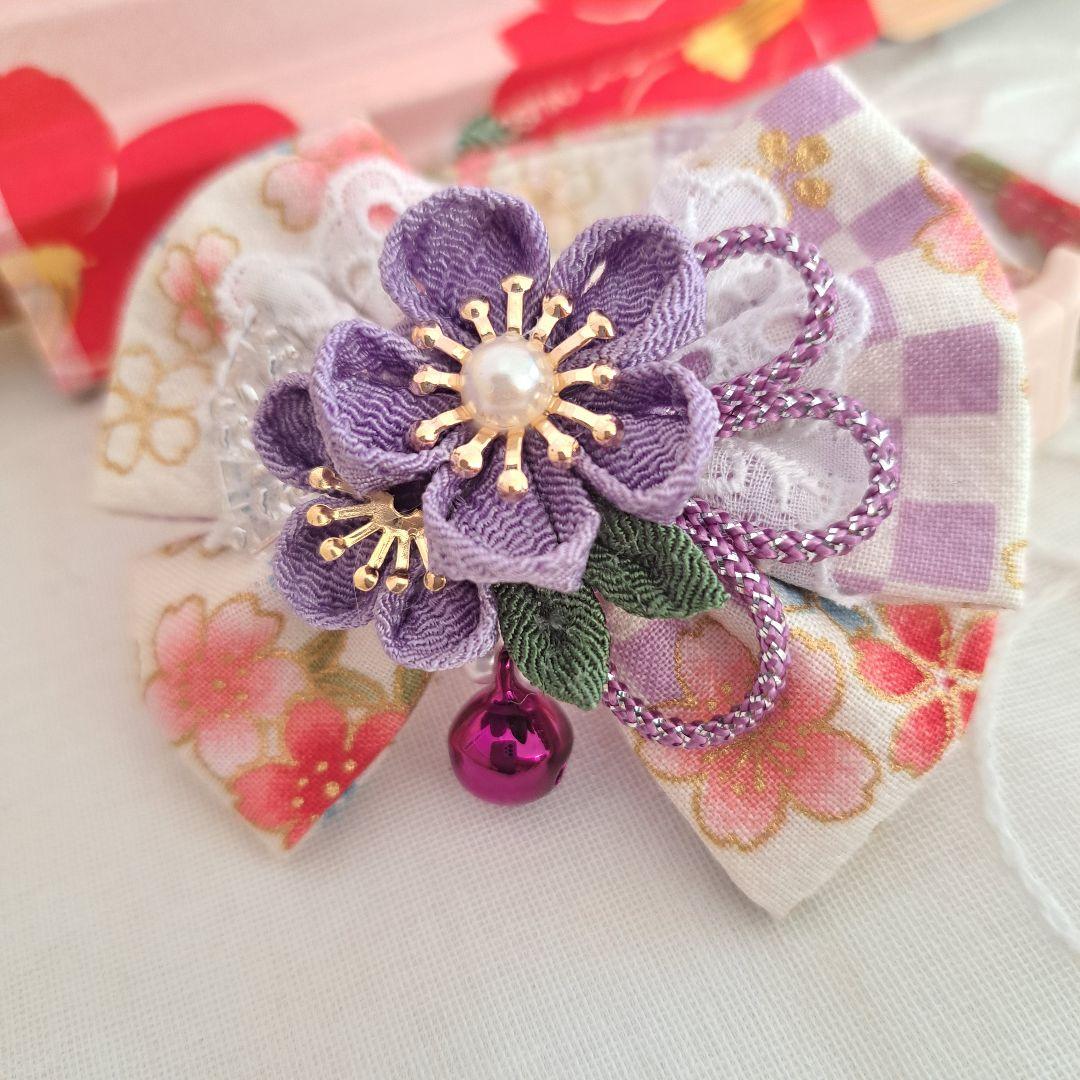 お正月、つまみ細工リボン(紫③)わんちゃん猫ちゃん用首輪