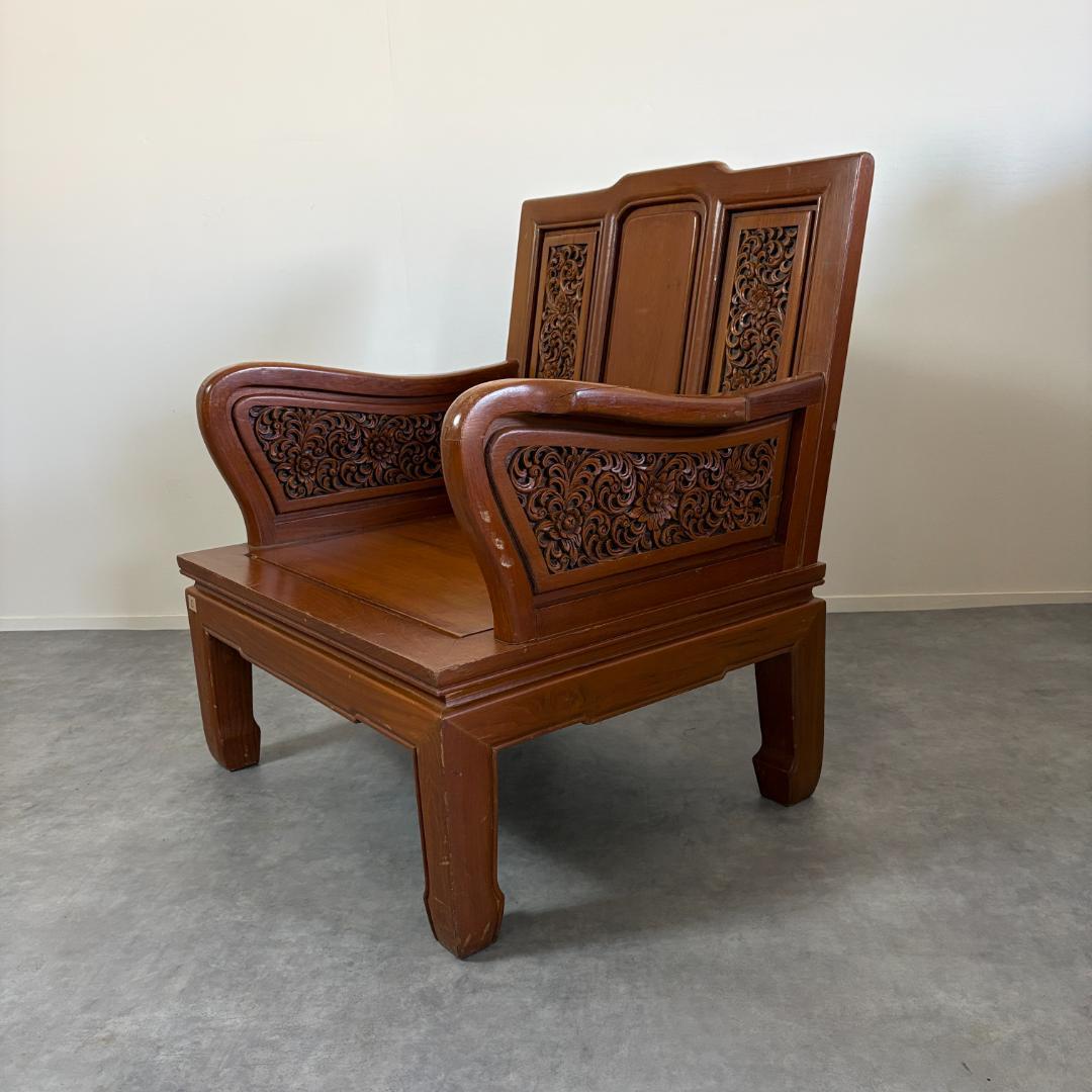 アジアン家具 彫刻 ローテーブル＋木製椅子4脚セット