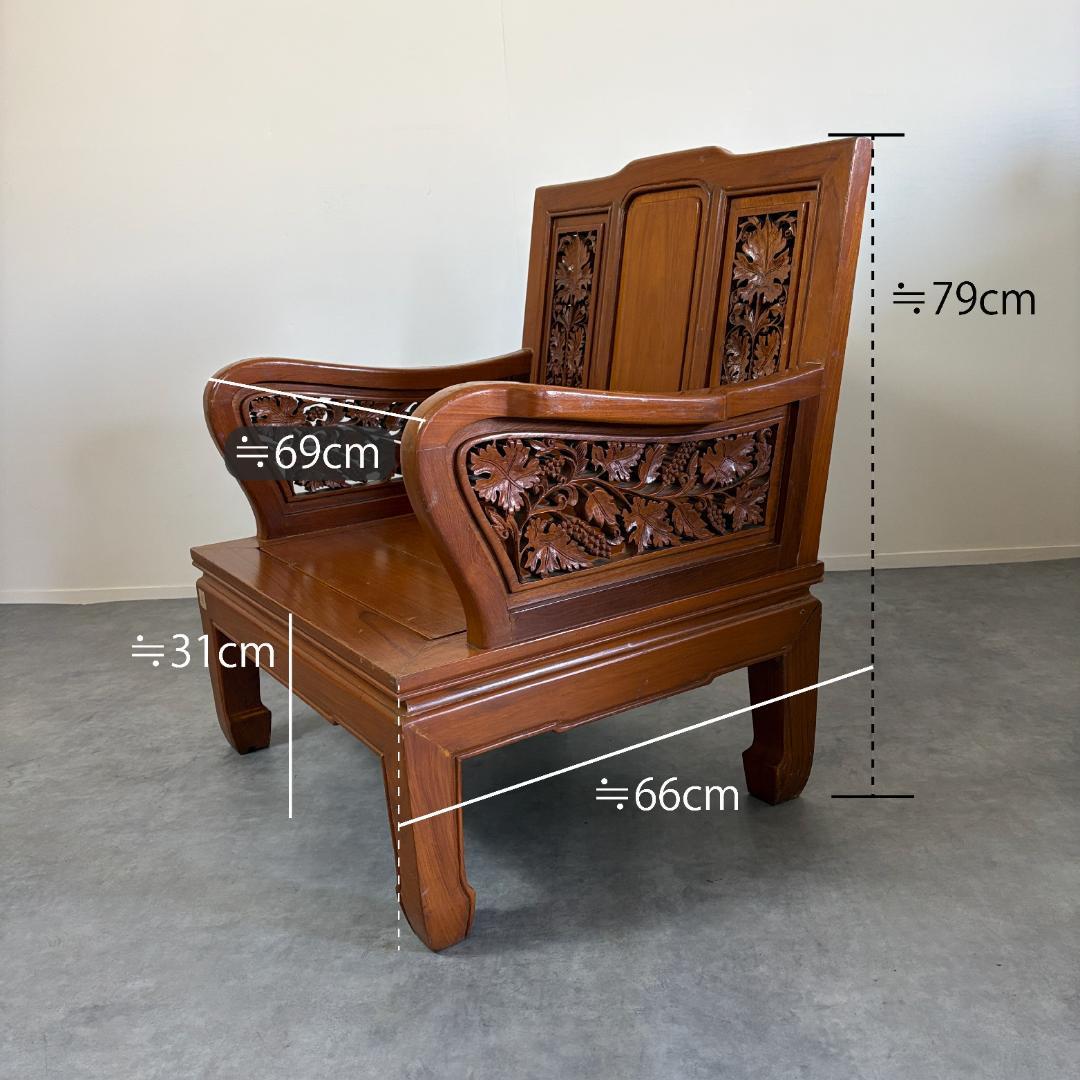 アジアン家具 彫刻 ローテーブル＋木製椅子4脚セット