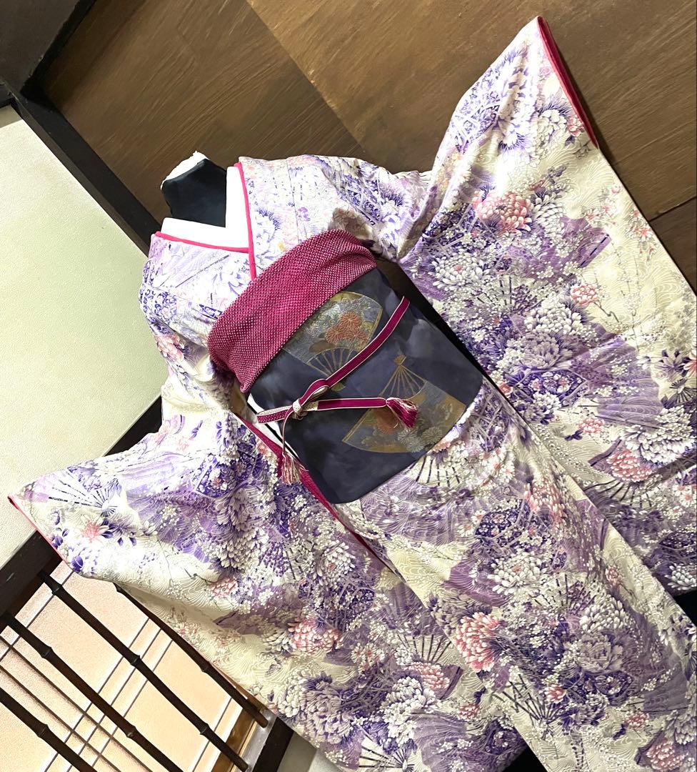 振袖 フルセット6点サイズS〜M 貝桶花文正絹袋帯唐織扇面御所車花文　金銀糸引箔