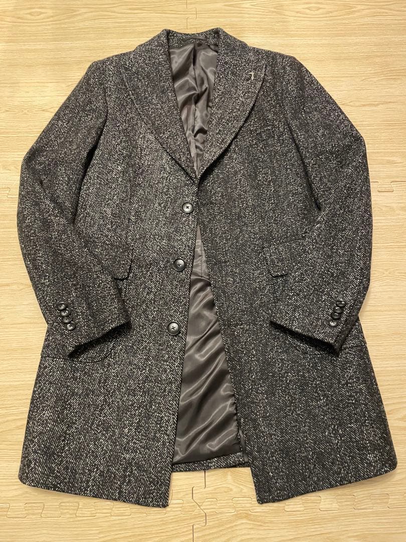 【美品】TRUSSARDI 伊 ヘリンボーン ウールブレンド チェスターコート