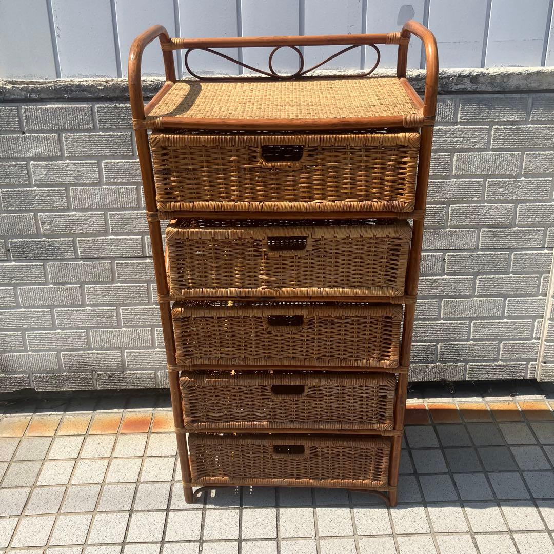 昭和レトロ ラタンチェスト 5段 引き出し箪笥 古家具 ビンテージヴィンテージ