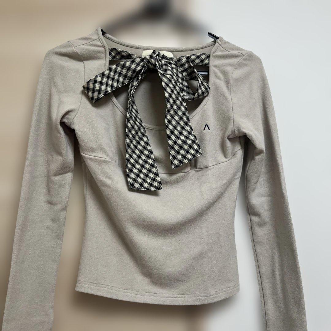 andmary Ami ribbon check tops beige ベージュ