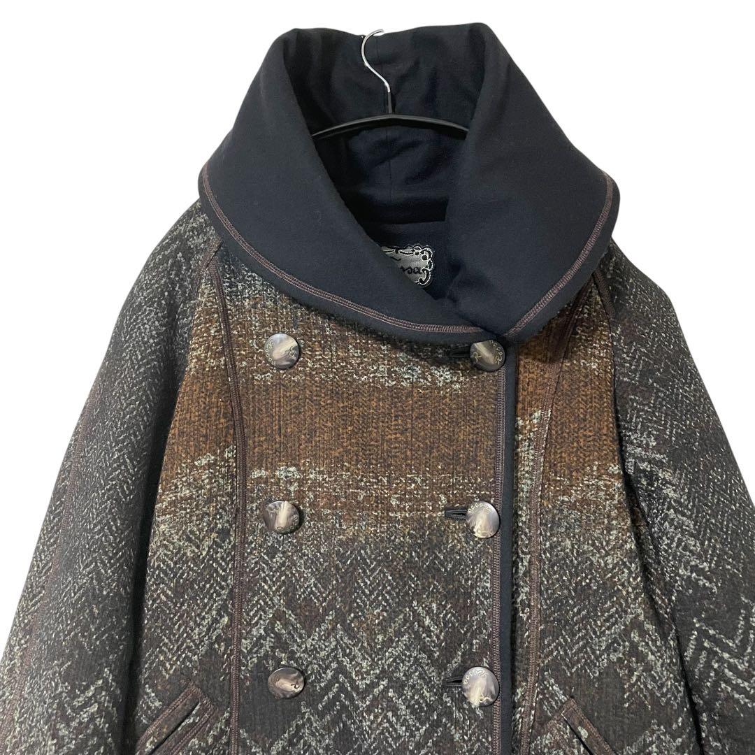 美品 インポートロッサ ショールカラーロングコート ダブル 総柄 ヘリンボーン