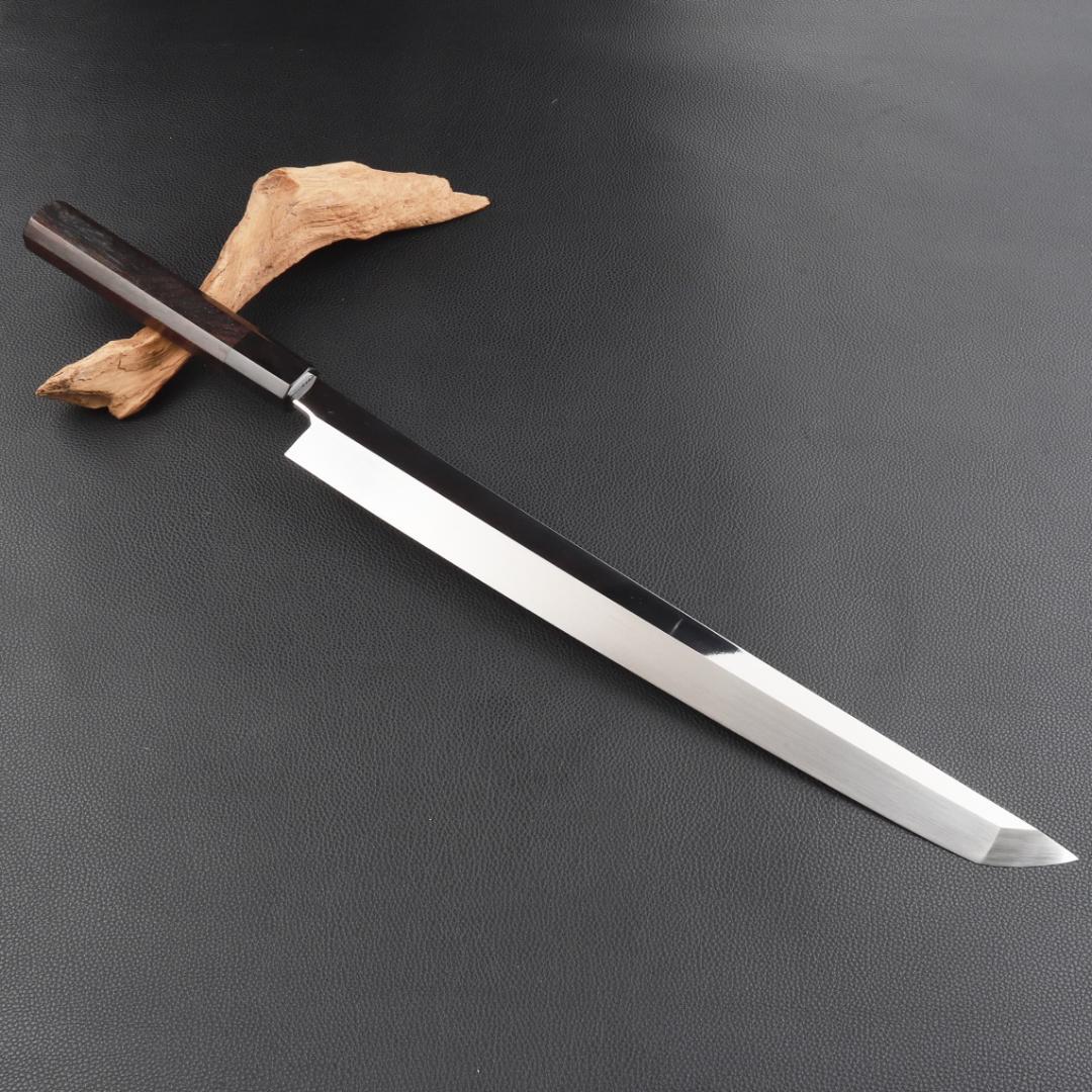 11045先丸柳刃包丁 尺三刺身包丁鏡面仕上げ刃は究極の切れ味 黒檀黒水牛八角柄