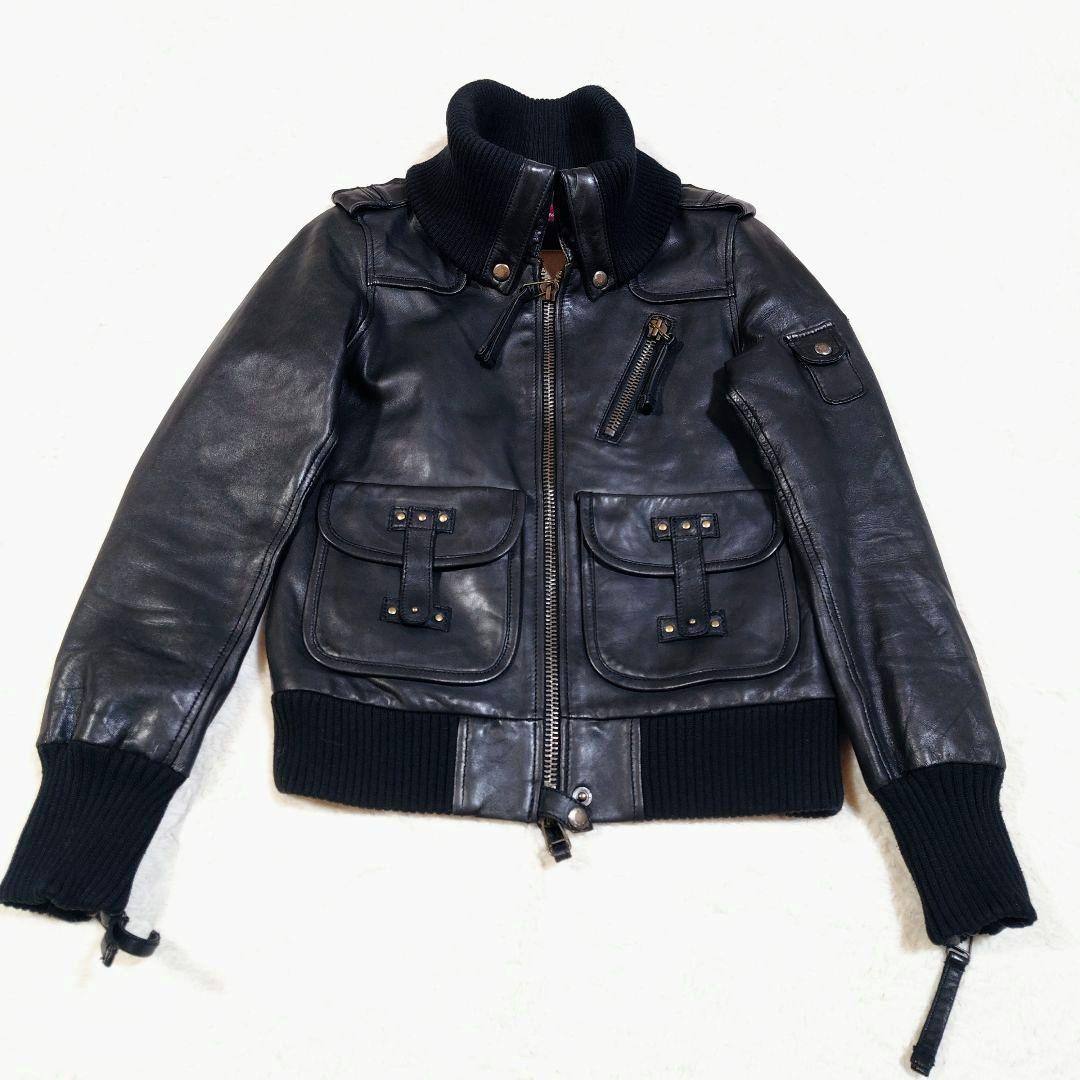 AVIREX 短丈 Y2K ラムレザー リブ ジャケット リブ袖 リブ裾 リブ襟