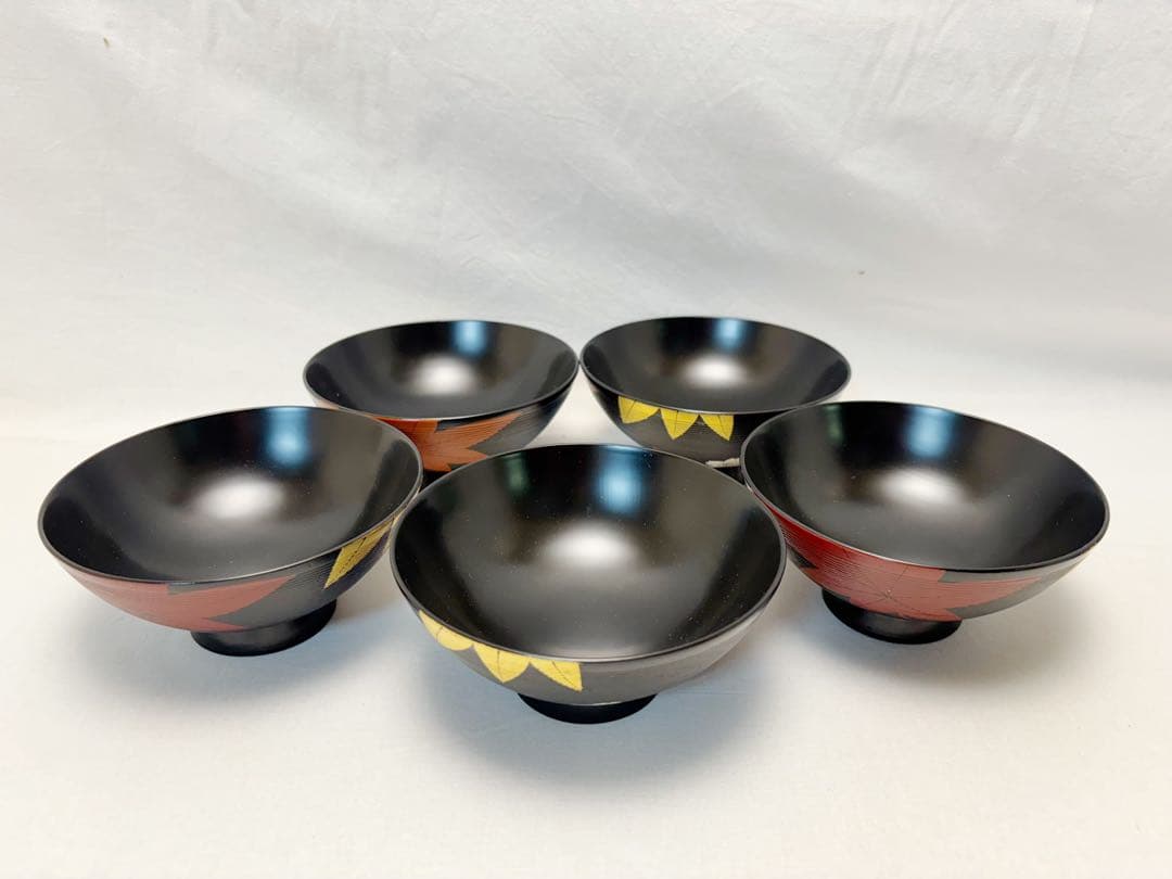 ほぼ未使用 懐石道具 木製漆器 千筋 金彩もみじ蒔絵 吸物椀 5客揃 共箱