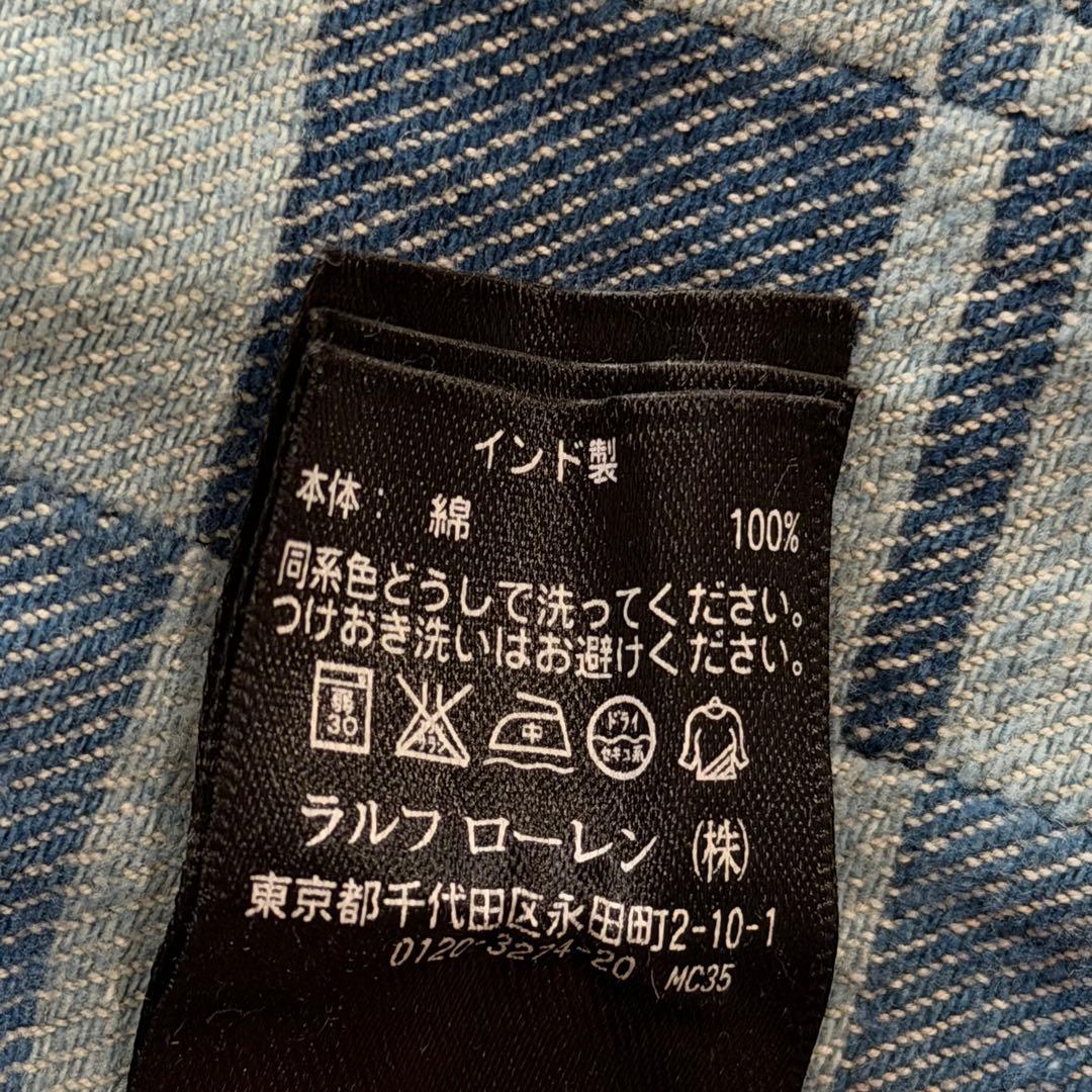 ダブルアールエル ラルフローレン 肉厚デニムシャツ チェック パッチワーク 青系