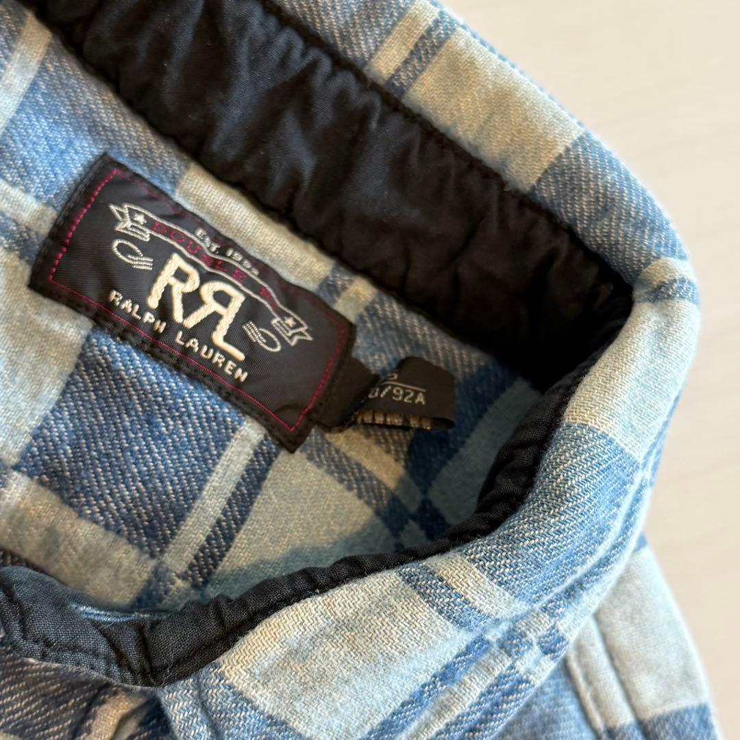 ダブルアールエル ラルフローレン 肉厚デニムシャツ チェック パッチワーク 青系