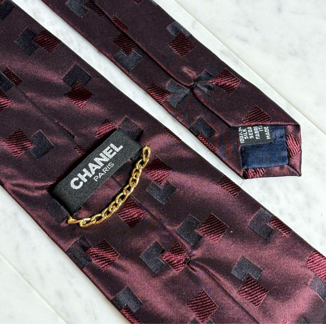 CHANEL シャネル ネクタイ レッド ボルドー ココマーク 光沢 イタリア製