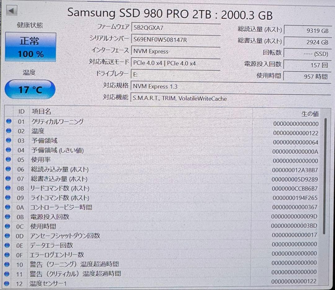 Samsung SSD 980 PRO 2TB NVMe 健康状態100%