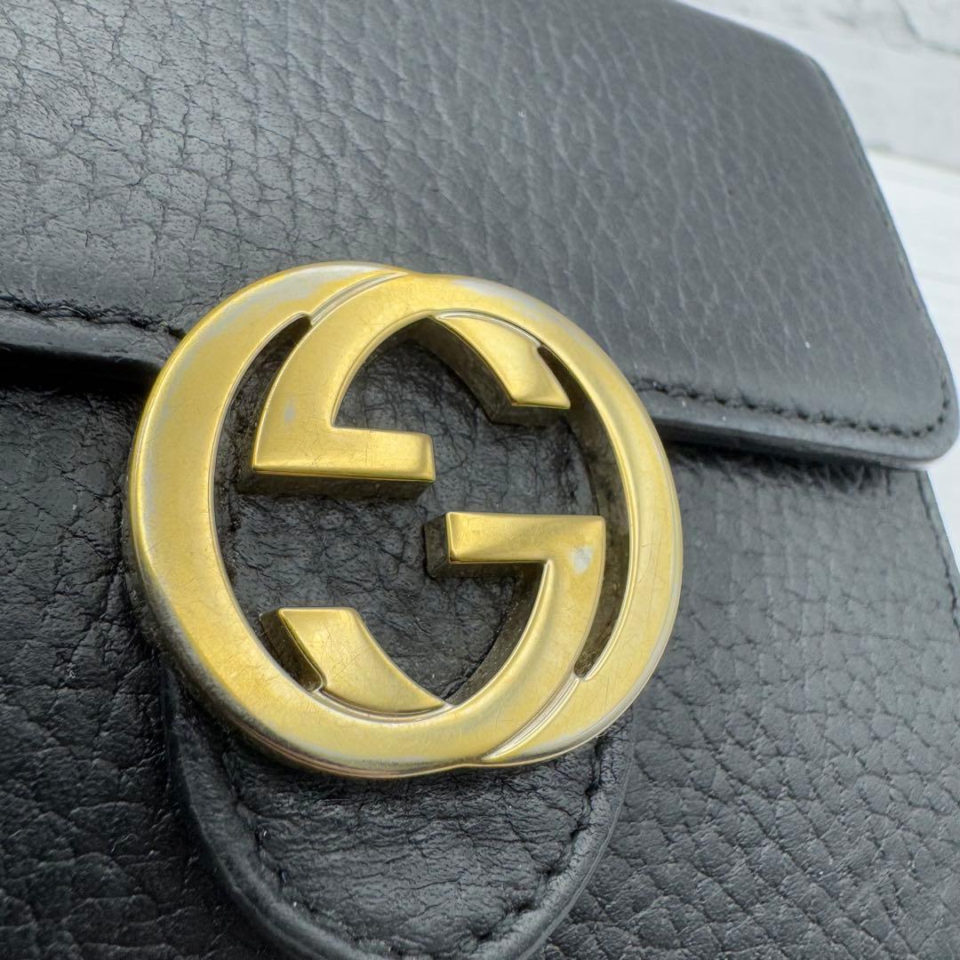GUCCI　インターロッキング　二つ折り財布　ブラック　レザー