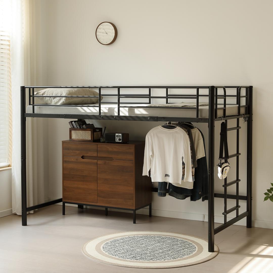 超人気！【高さ140cm】ロフトベッド 耐荷重150kg 一人暮らし Black