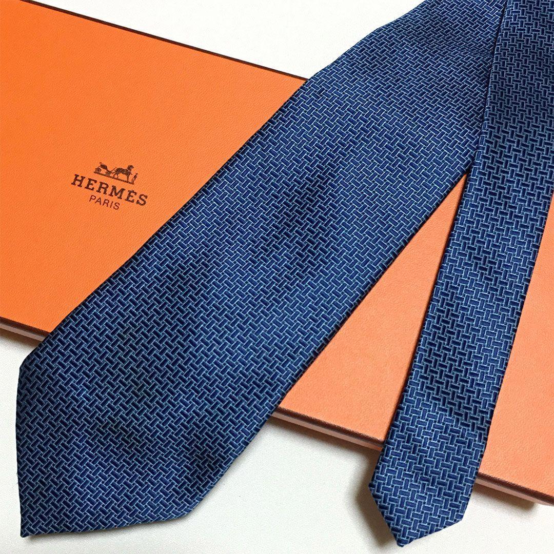 未使用級 エルメス HERMES ネクタイ シルク100% ブルー 総柄