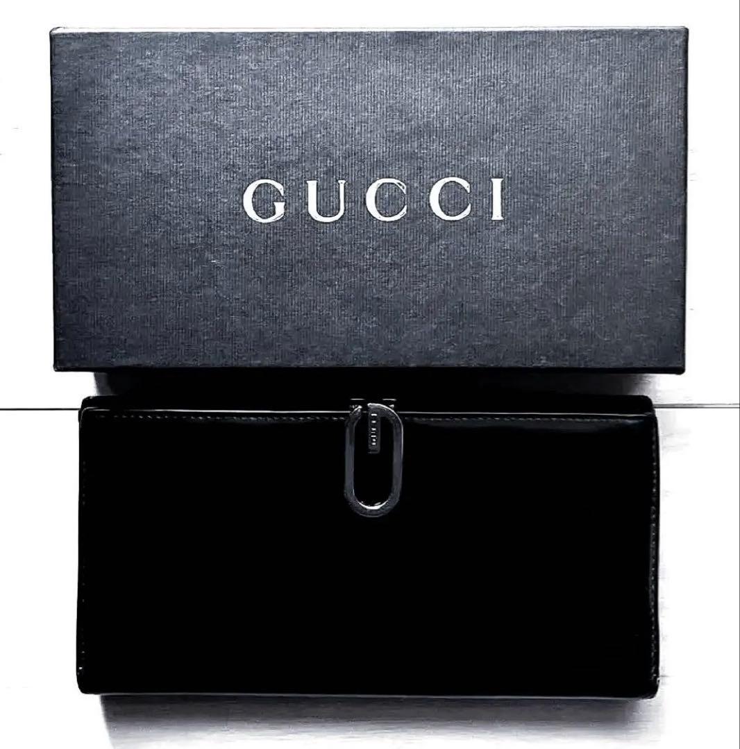 【箱付き】 GUCCI グッチ G バックル 二つ折り 長財布 ブラック レザー