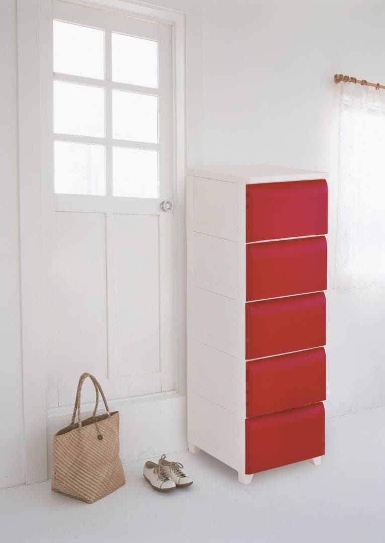 PES CST　収納チェスト　5段　日本製　ホワイト＊レッド