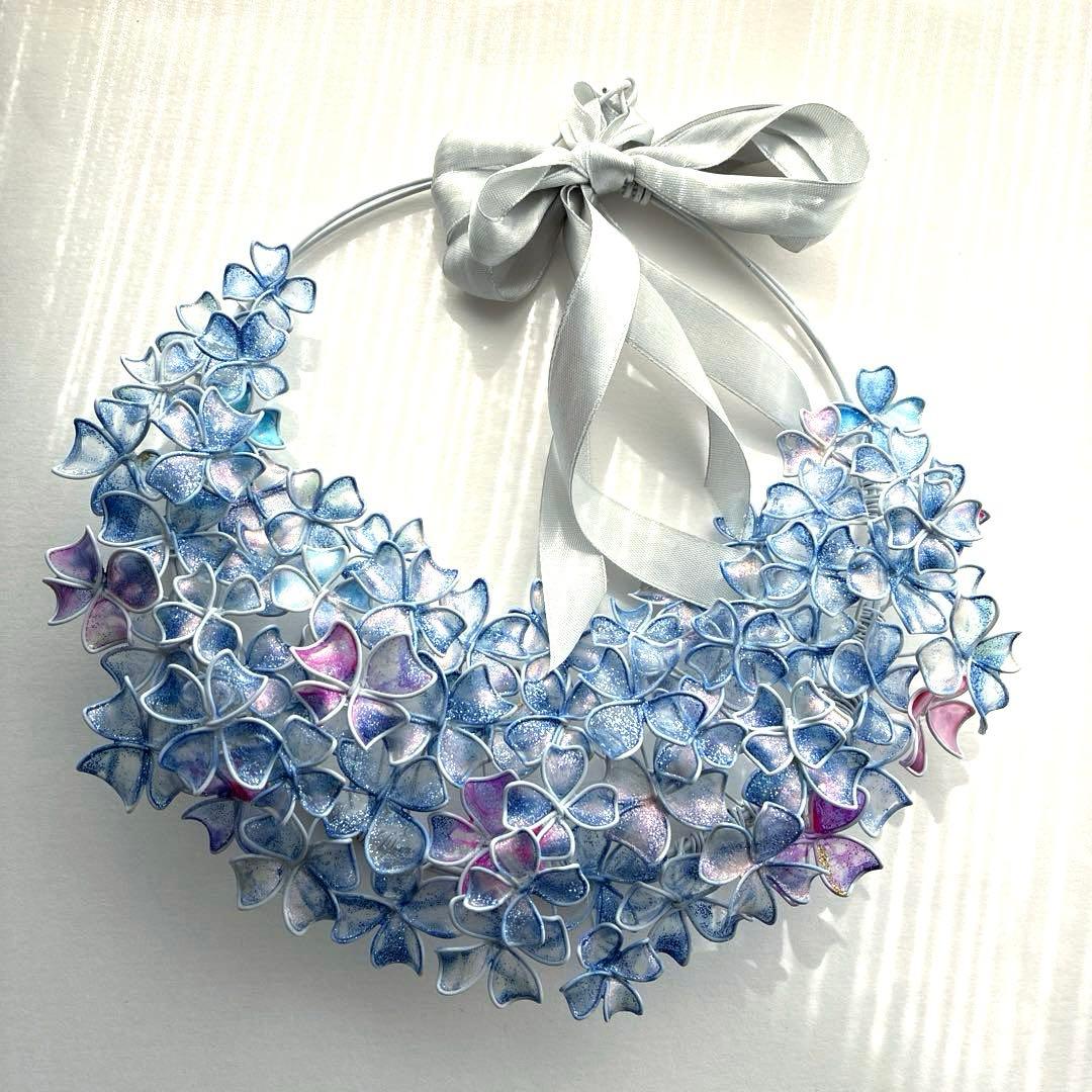 一点物　涼しげなブルー紫陽花リース　ワイヤークラフト　ディップアート　アート