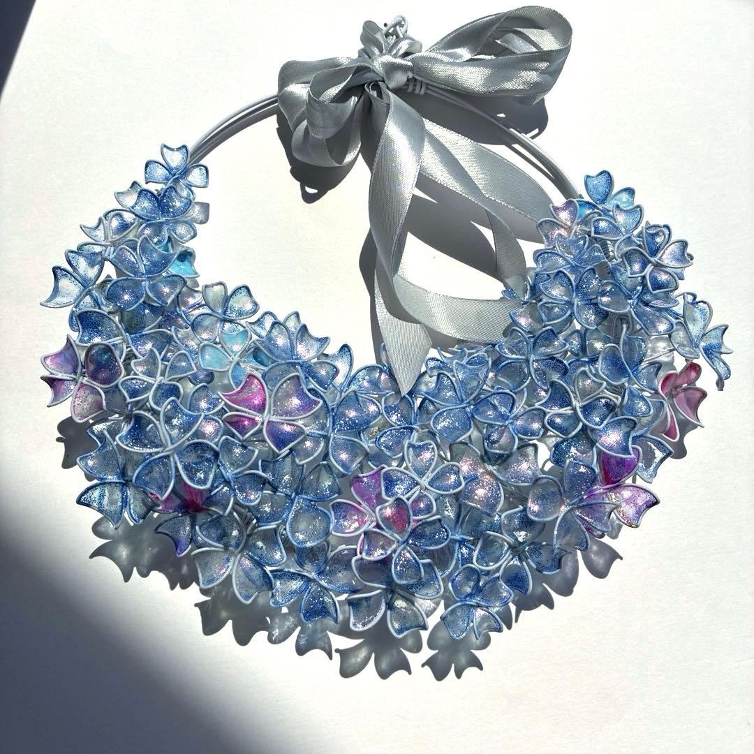 一点物　涼しげなブルー紫陽花リース　ワイヤークラフト　ディップアート　アート