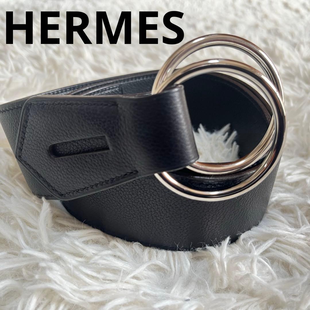【極美品】エルメス　レザーベルト　ダブルリング　J刻印　ブラック×シルバー