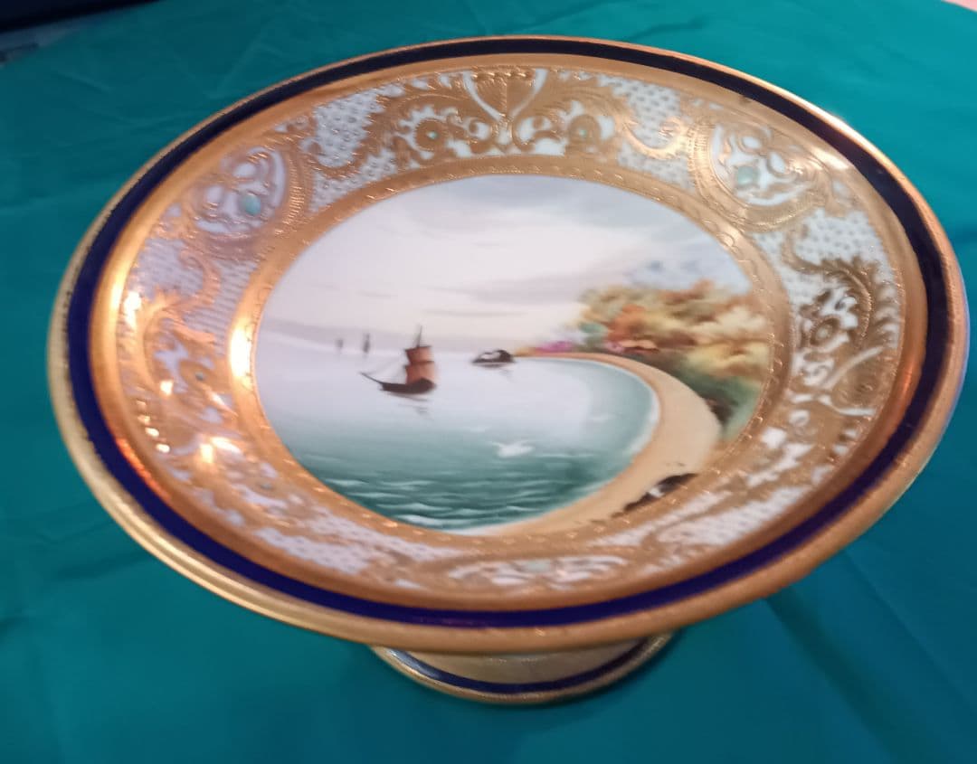 【オールドノリタケ】　金盛ジュール藍線帯帆船風景紋図　コンポート