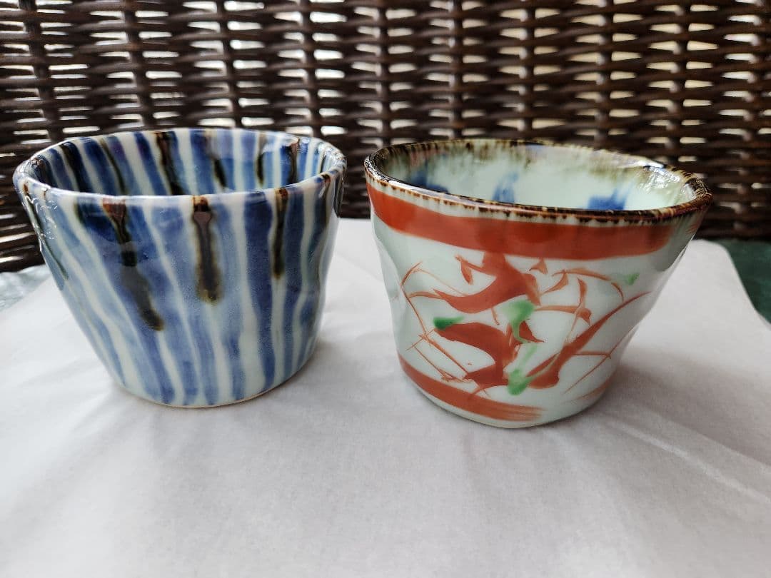 斉山窯　なぶり鉢　フリーカップ　蕎麦猪口　赤絵　麦藁手　ペア