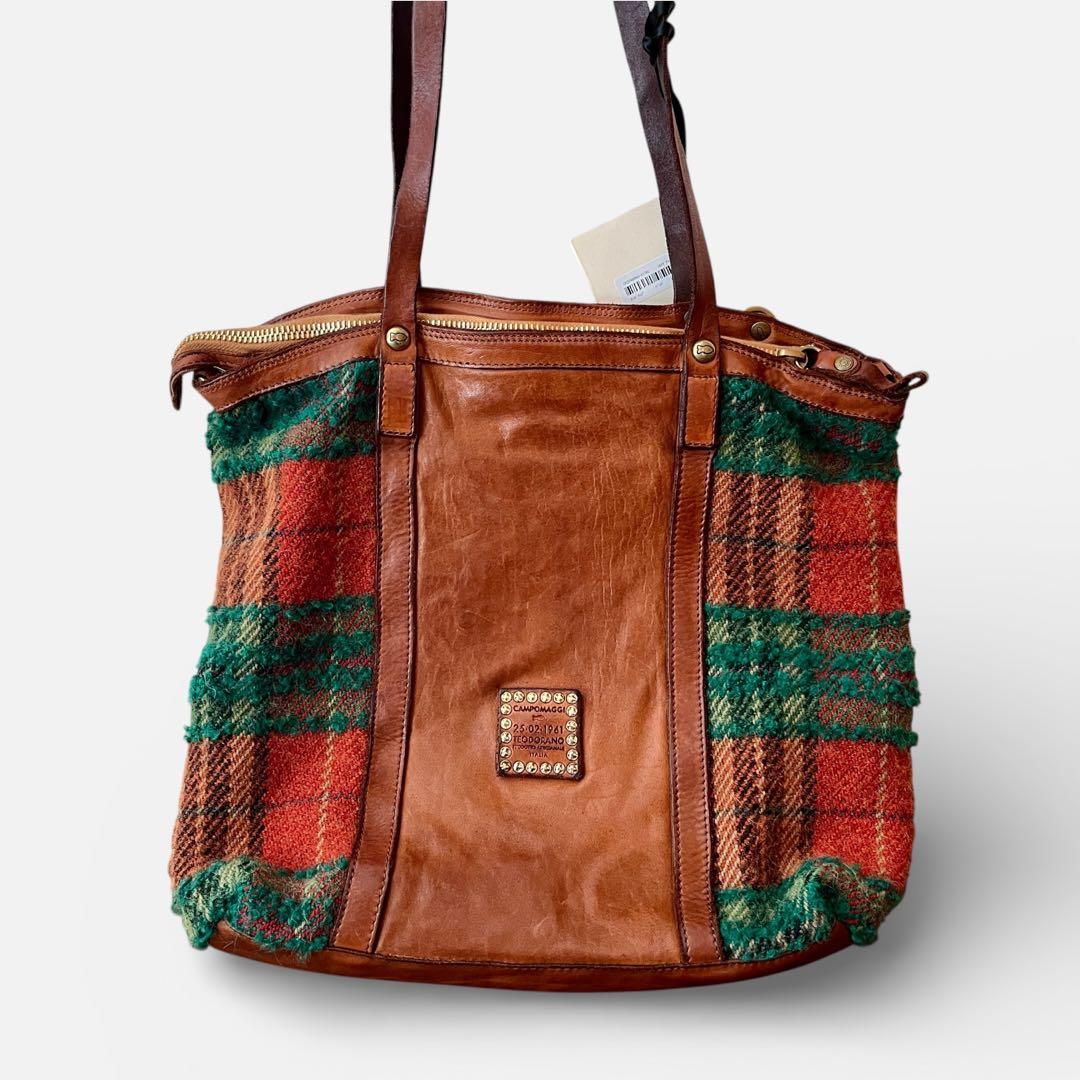 新品未使用　Campomaggi レザー　チェック柄 トートバッグ　イタリア製