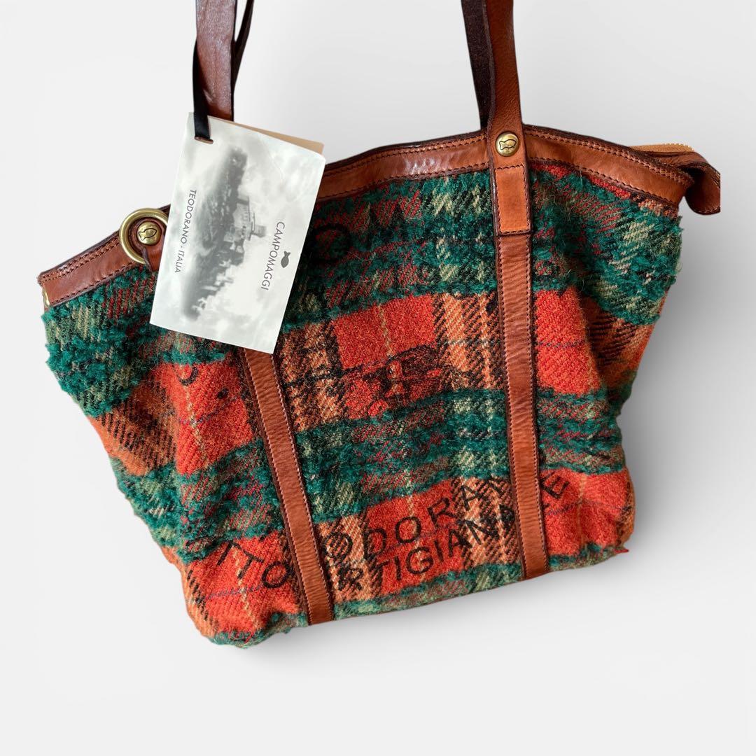 新品未使用　Campomaggi レザー　チェック柄 トートバッグ　イタリア製