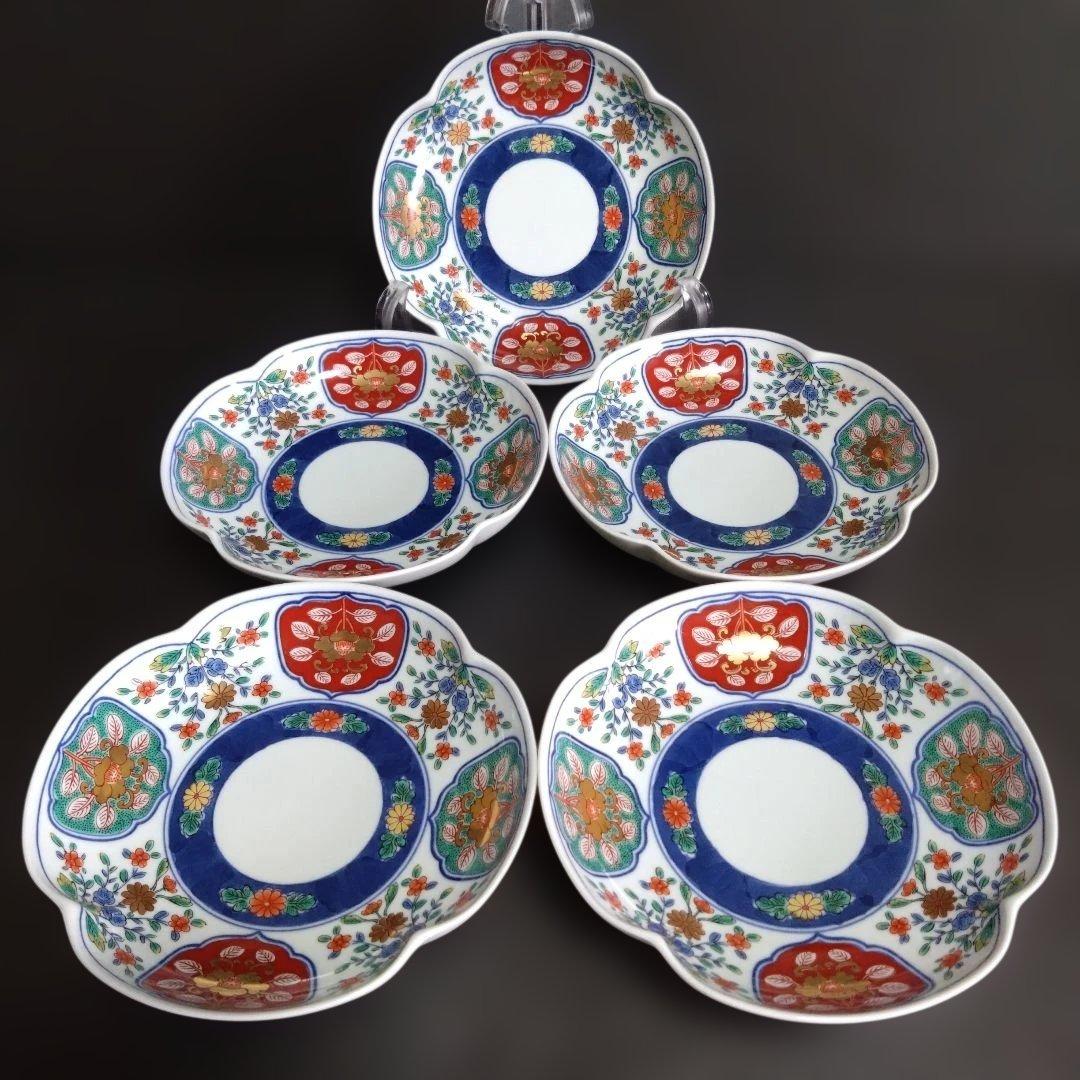 未使用 有田焼 賞美堂 其泉 染錦 中皿　5枚　銘々皿　輪花皿　金彩 古伊万里