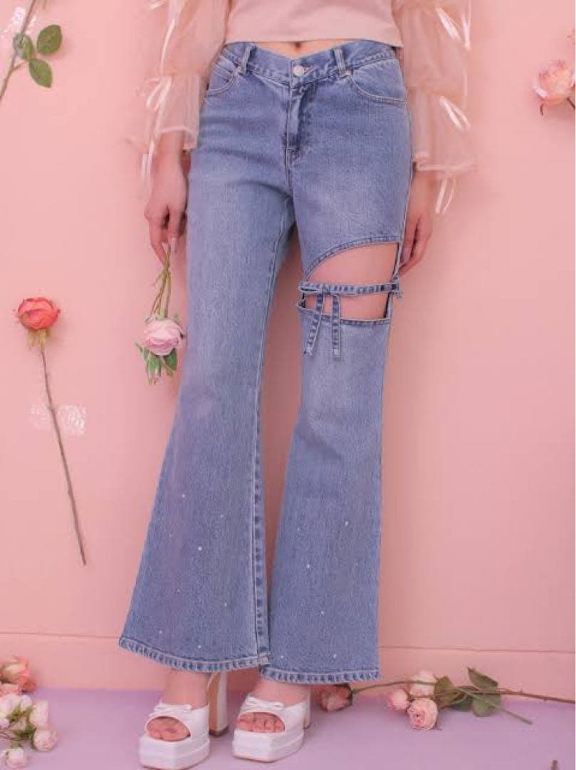 mmeeme エムミーエメ Vラインウエストリボンフレアデニム XS