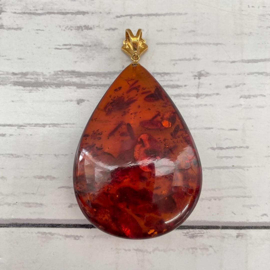 618.K18刻印有　琥珀ペンダントトップのみ 　大ぶり　楕円形