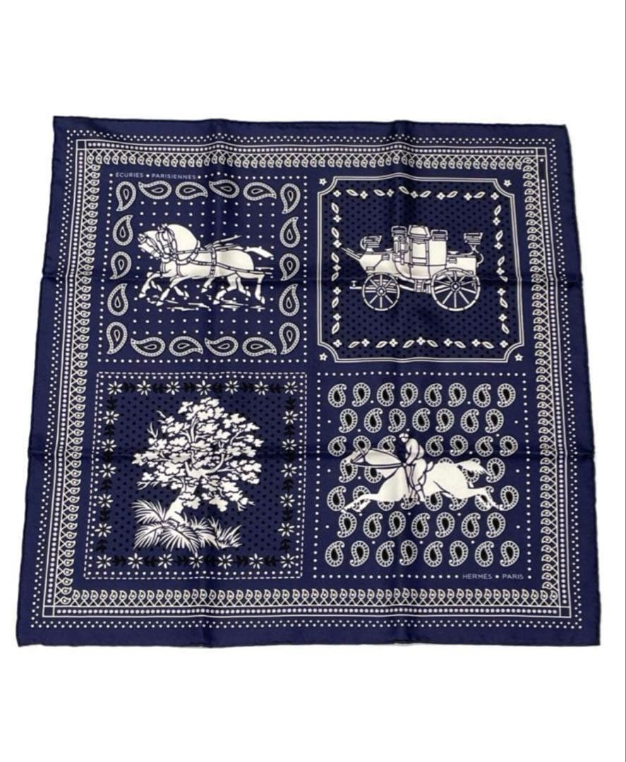 エルメス☆スカーフ☆シルクバンダナ☆ カレ55☆パリの厩舎☆ネイビー