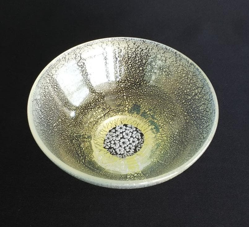 新品未使用★藤原奈津江作　吹きガラスボール　「箔花」銀箔と花の掘り込み