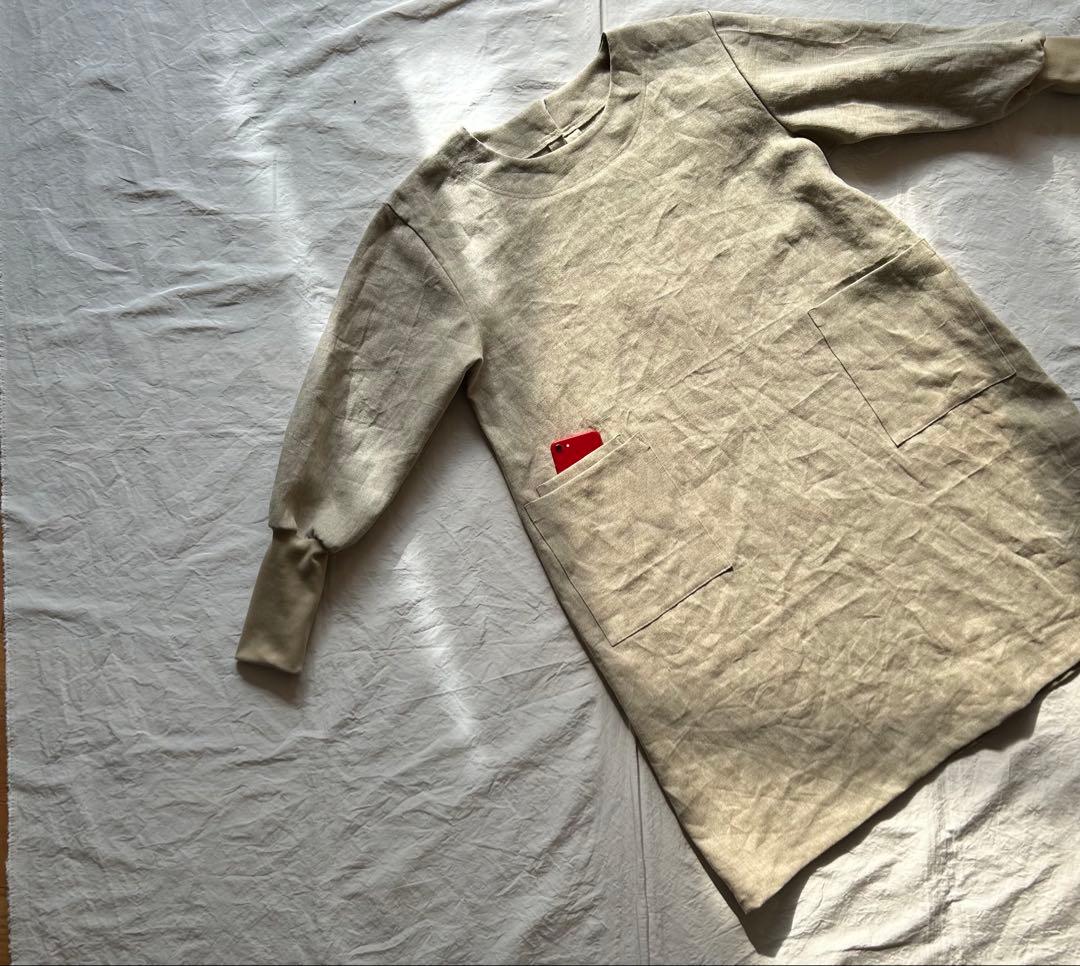 【さくらページlinen】しっかりめ 亜麻色＊リブ袖口ゆったり割烹着ワンピ