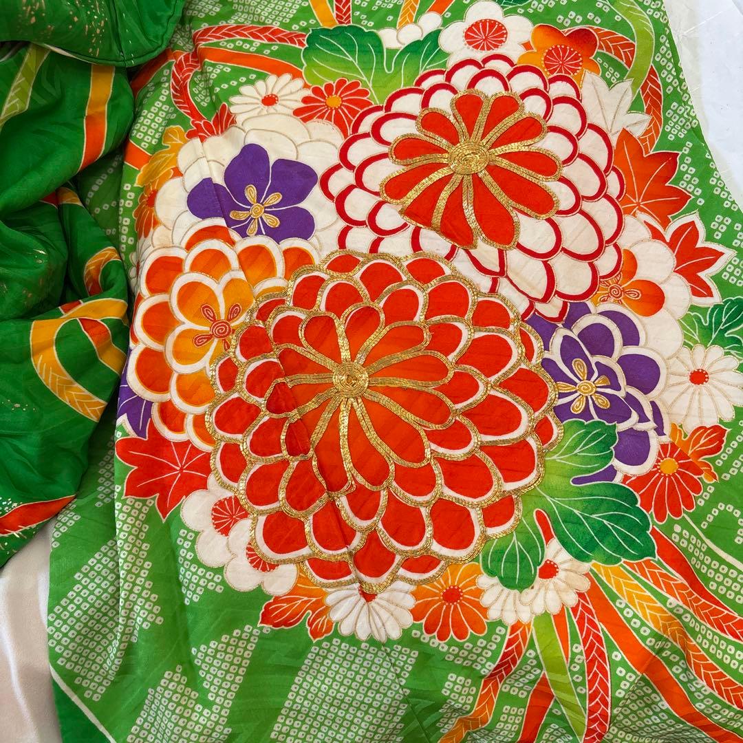 正絹　七五三用 花柄 緑色着物