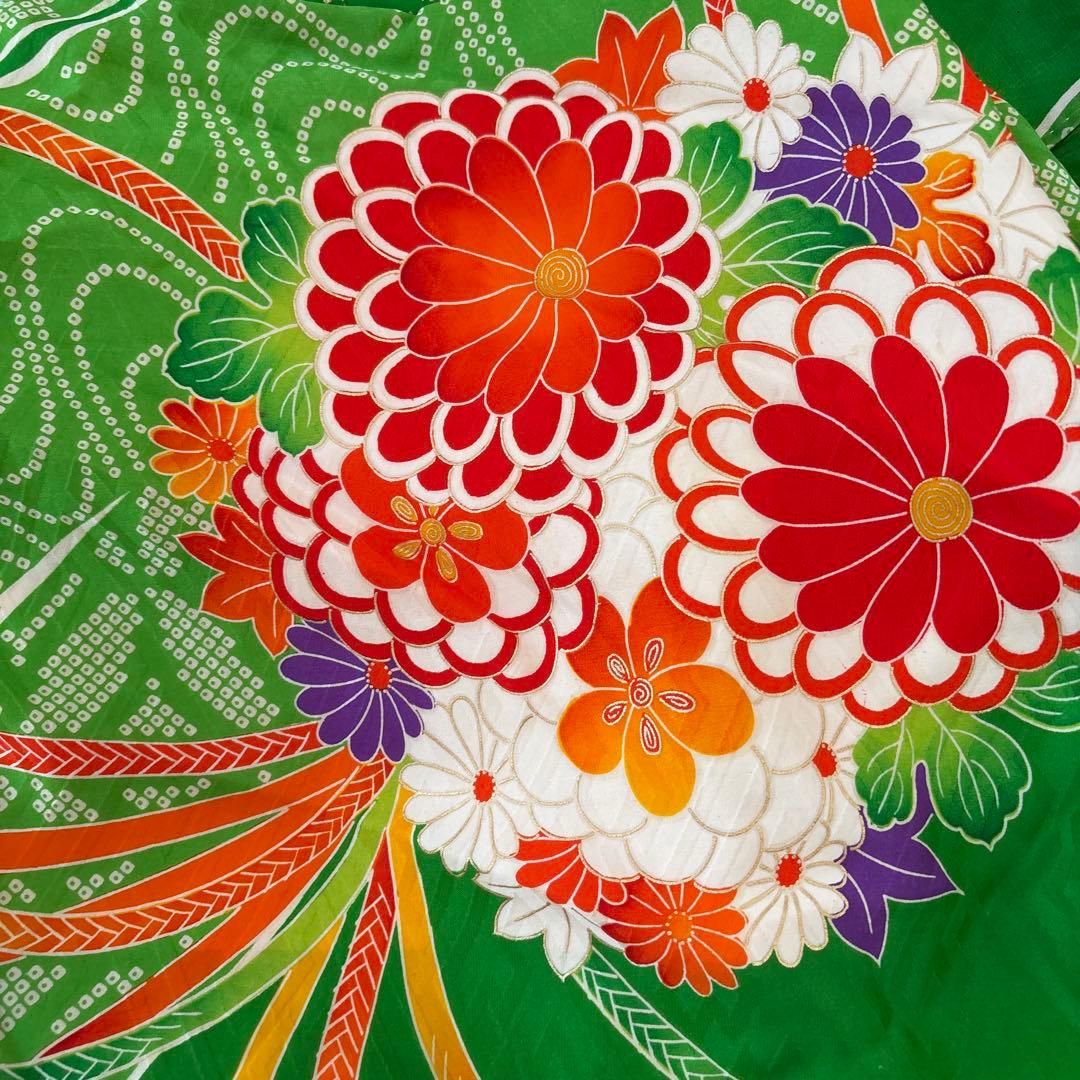 正絹　七五三用 花柄 緑色着物