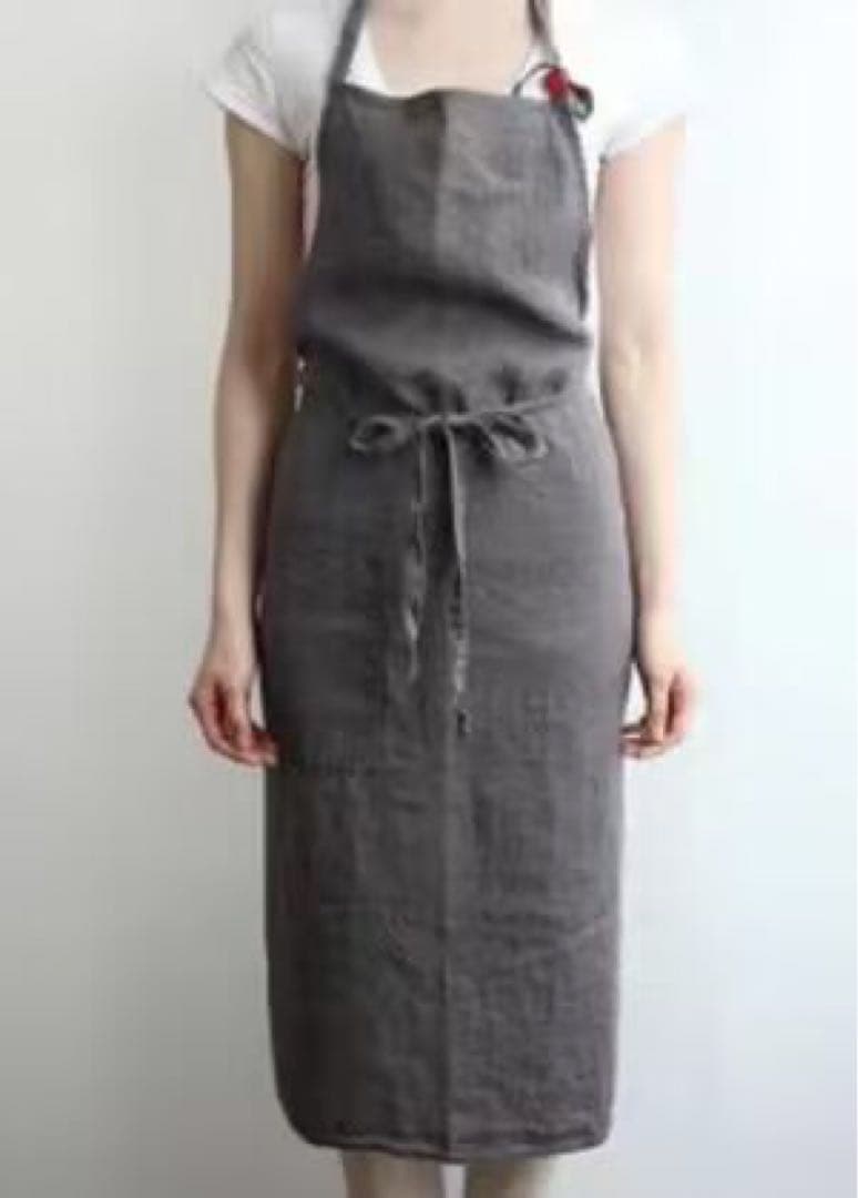 綿麻エプロン　グレー　リネン　シンプル　おしゃれ