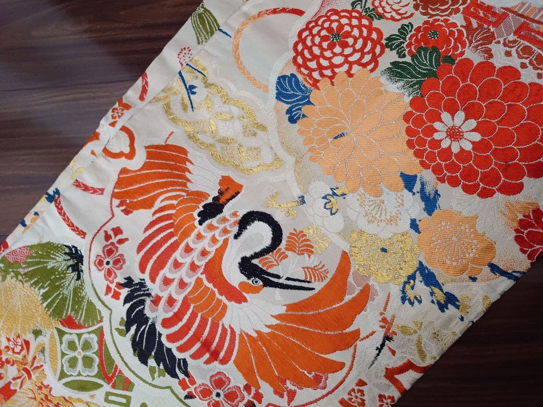 正絹袋帯からの作り帯　文庫結び　アンティーク　七五三ジュニア帯　鶴