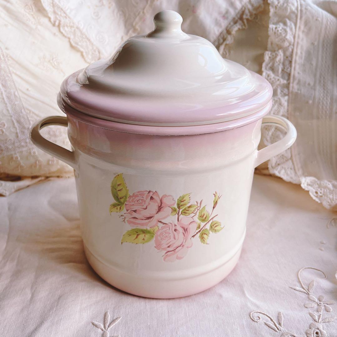 お値下げ♡イマン♡ダイアナローズホーローキャニスターマニーローズバスケット薔薇