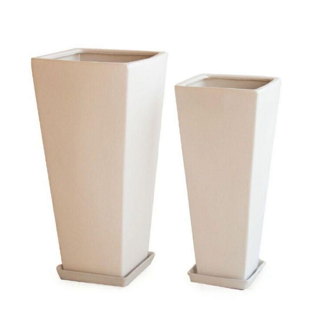 大型植木鉢　受皿付　スクエアトール　マットホワイト　陶器鉢　2個セット